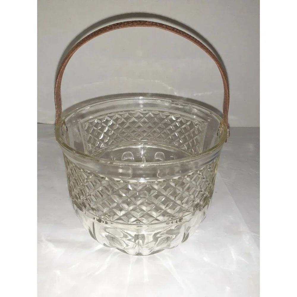 Vtg Barware Glass Ice Bucket Diamond w/Rustic Hammered Metal Handle